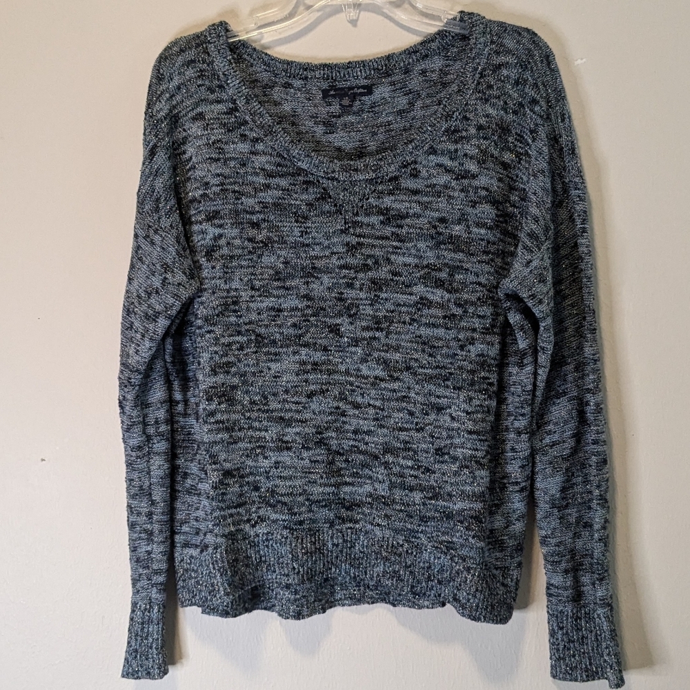 American Eagle Outfitters Sz XL Hi-Low Blue Black Silver Sparkle Knitted Sweater